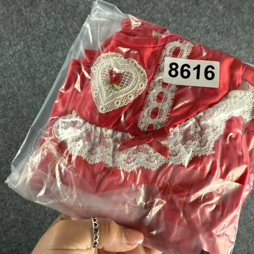 Vintage Red Nylon Girls‎ Nightgown Lace Heart Applique 2T Made USA